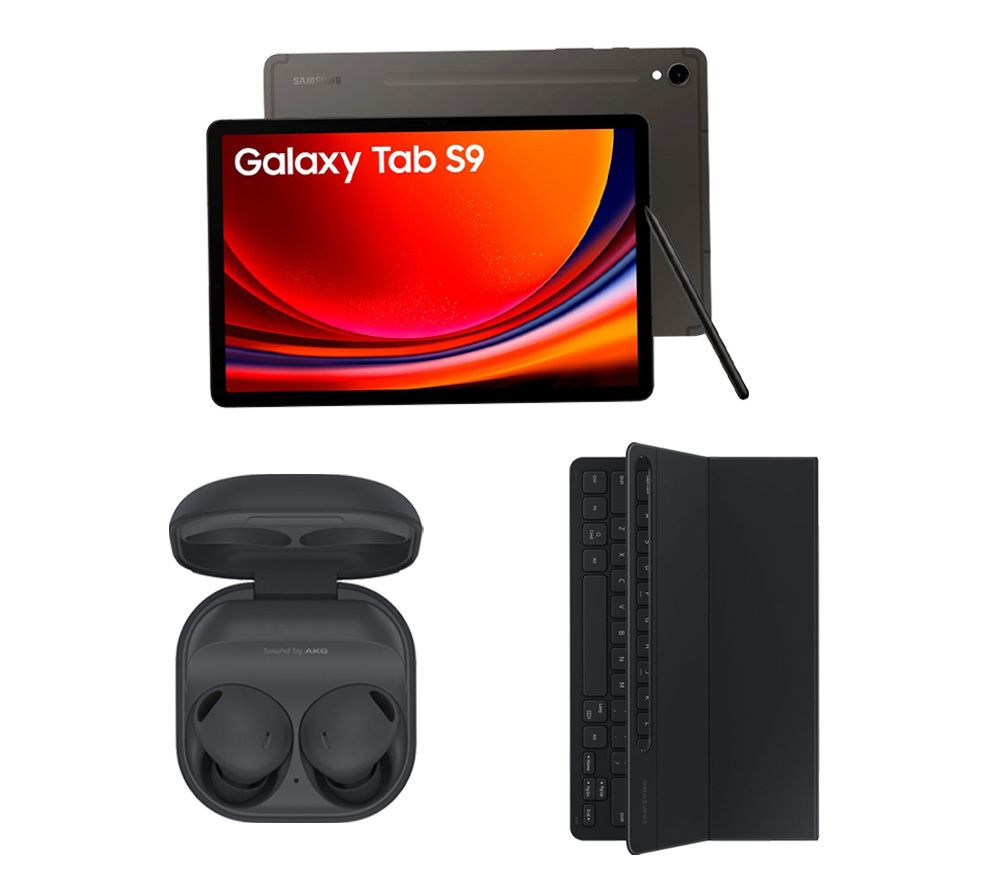 Galaxy Tab S9 11" Tablet (128 GB, Graphite), S9 Slim Book Cover Keyboard Case & Buds2 Pro Noise-Cancelling Earbuds Bundle