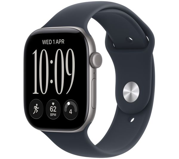 An image of APPLE Watch Series 12 Cellular - 46 mm Space Gray Aluminum Case with Navy Blue Sport Band, M/L