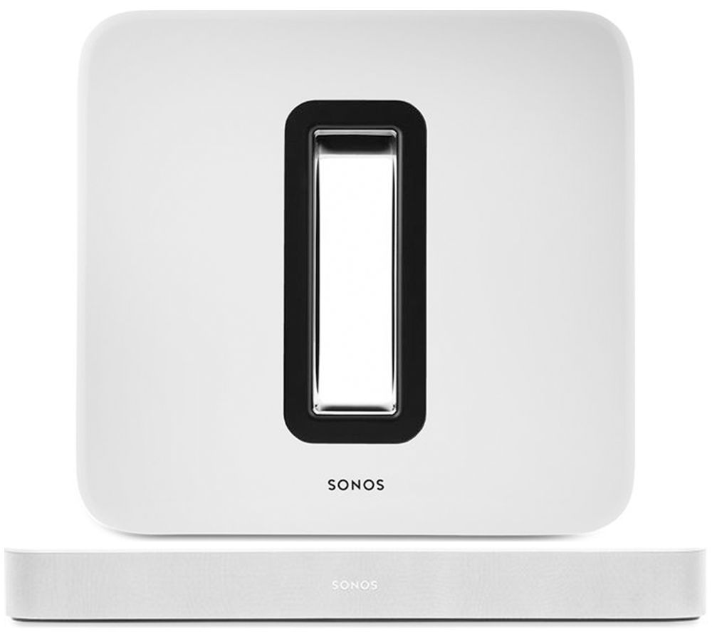 SONOS Beam Compact Sound Bar with Amazon Alexa & Google Assistant & SUB Wireless Subwoofer Bundle - White, White