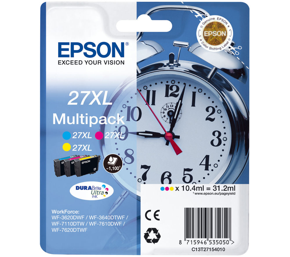 EPSON Alarm Clock 27XL Cyan, Magenta & Yellow Ink Cartridges - Multipack