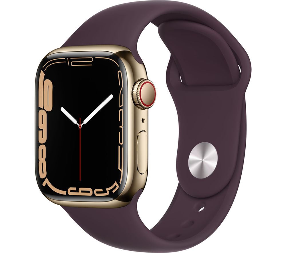 APPLE Watch Series 7 Cellular - Gold Stainless Steel with Dark Cherry Sport Band, 41 mm