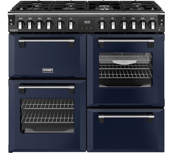An image of STOVES Richmond Deluxe 100DF Dual Fuel Range Cooker - Midnight Blue & Chrome