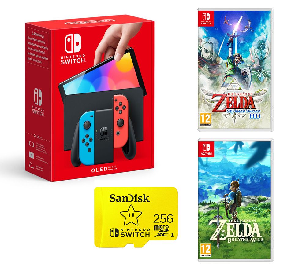 Switch OLED Neon Red & Blue, The Legend of Zelda: Skyward Sword HD, The Legend of Zelda: Breath of the Wild & 256 GB Memory Card Bundle