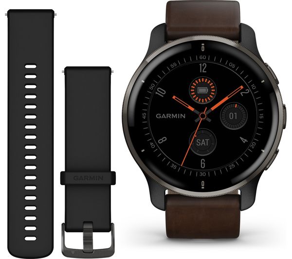 Image of GARMIN Venu 2 Plus with Additional Black Silicone Band - Slate Grey & Brown, Leather Band