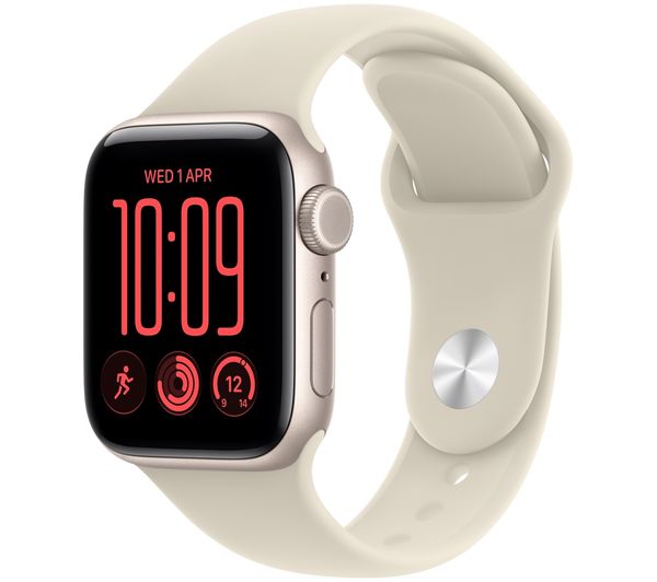 An image of APPLE Watch SE 3 Cellular - 40 mm Starlight Aluminum Case with Sand Sport Band, S/M