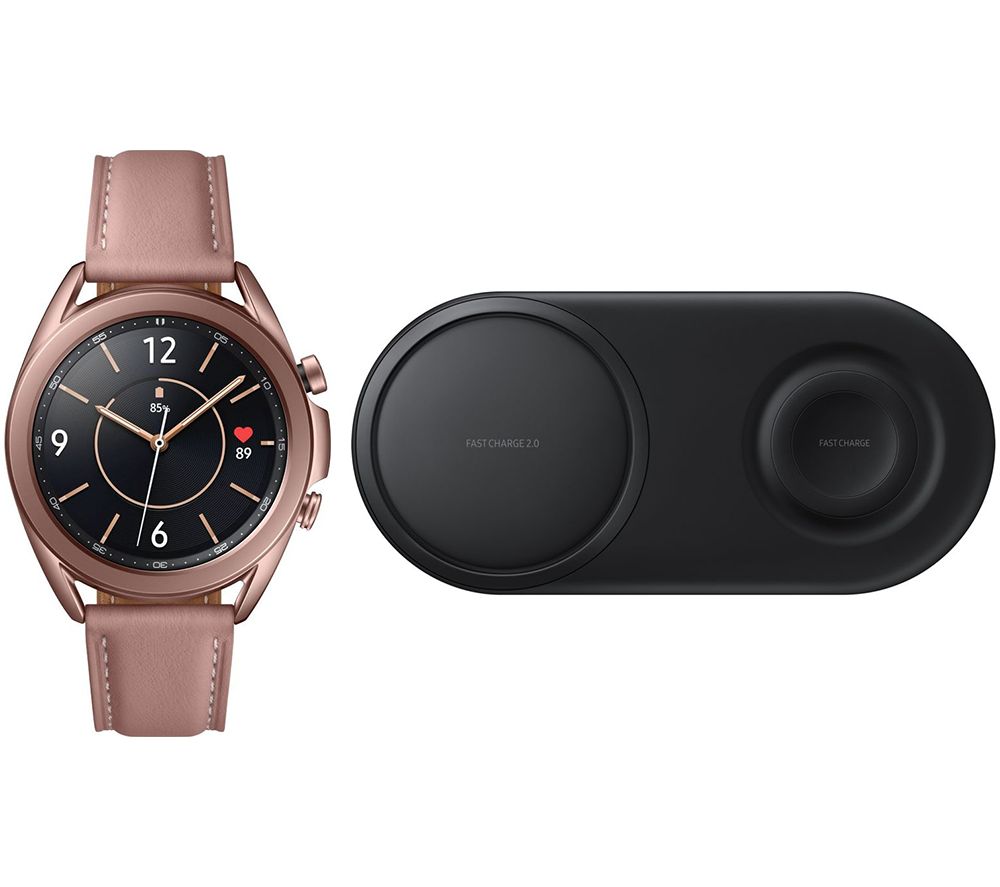 SAMSUNG Galaxy Watch3 & Qi Wireless Duo Charging Pad Bundle, Bronze
