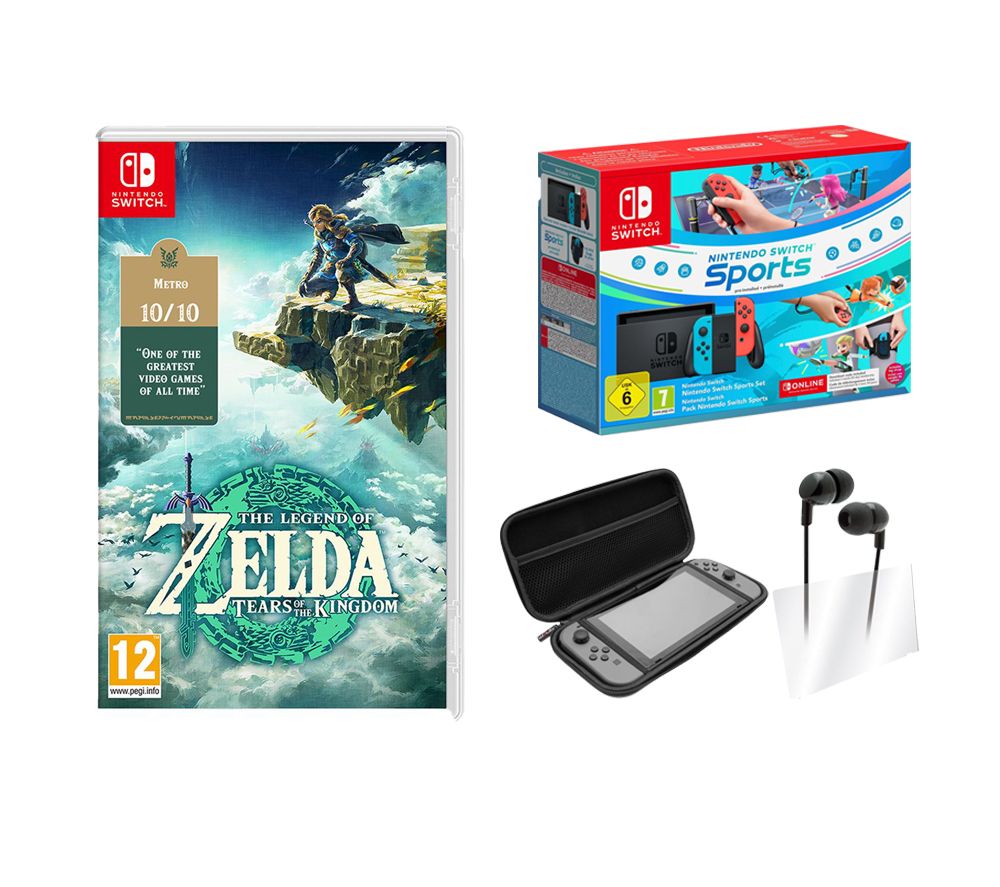 Switch (Red and Blue), Nintendo Switch Sports, 3 Month Online Subscription, VS4793 Starter Kit & The Legend of Zelda: Tears of the Kingdom Bundle