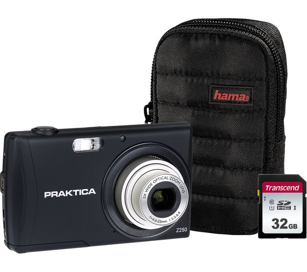 PRAKTICA Luxmedia Z250-BK Compact Camera, Case & 32 GB Memory Card Bundle - Black, Black