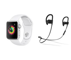 APPLE Watch Series 3 & Powerbeats3 Wireless Bluetooth Headphones Bundle - Silver & White Sports Band, 42 mm