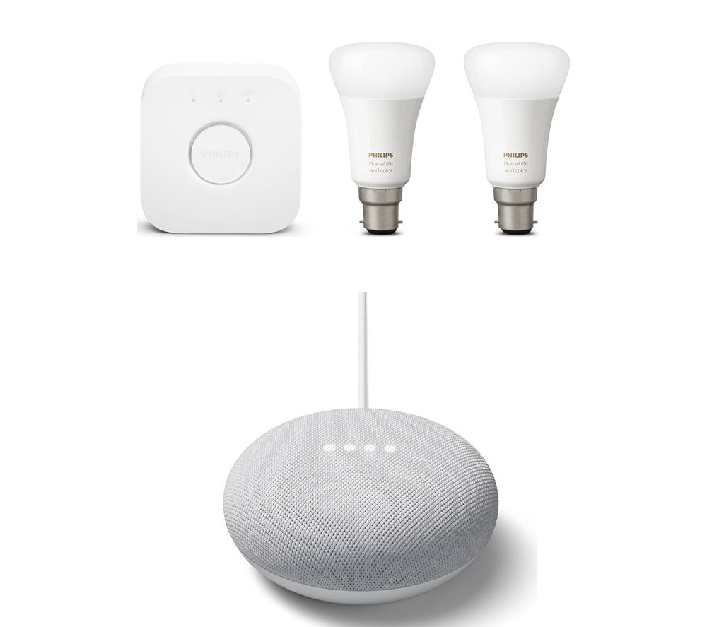 PHILIPS HUE White and Colour Smart Bulb Starter Kit & Google Chalk Nest Mini (2nd Gen) Bundle, White review