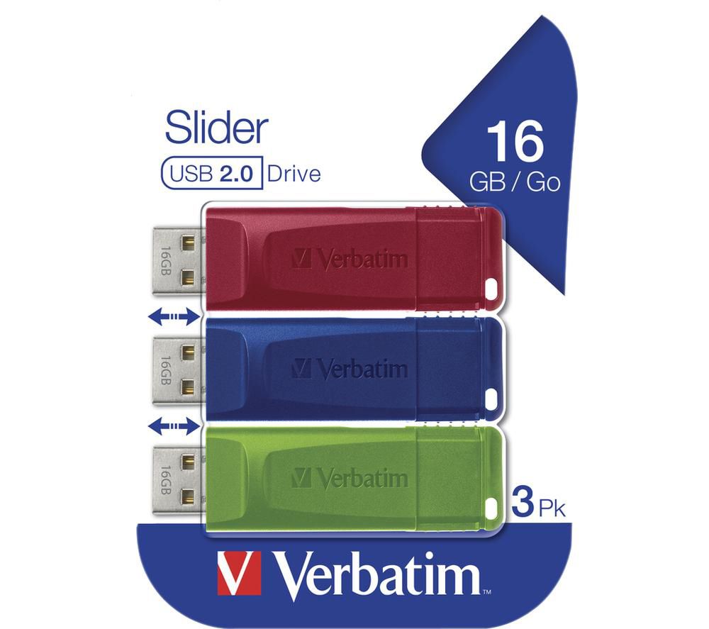 Slider USB 2.0 Memory Stick - 16 GB, Pack of 3