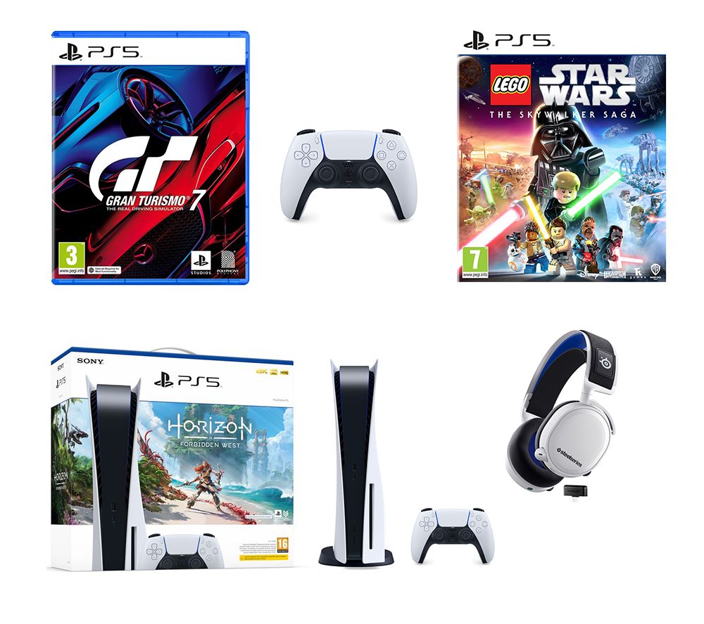 PlayStation 5, White Controller, Headset, LEGO Star Wars, Gran Turismo 7 & Horizon Forbidden West Bundle