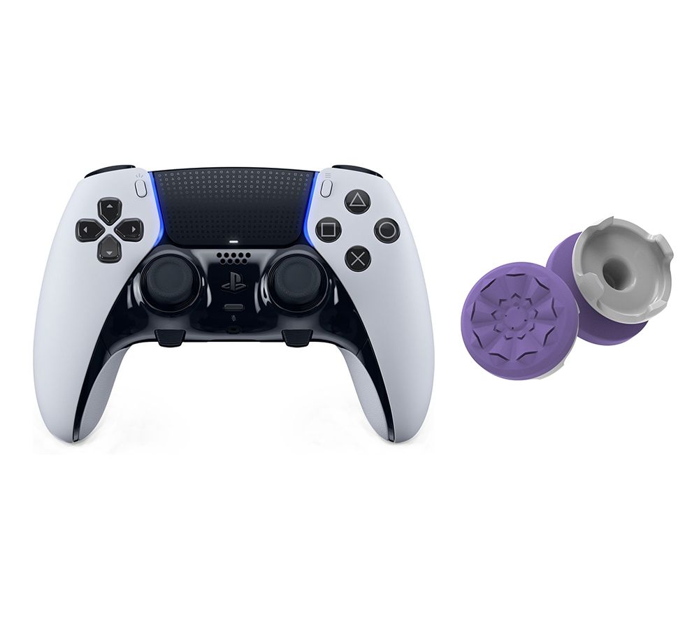 PS5 Dualsense Edge Wireless Controller (White) & FPS Freek Galaxy PlayStation Thumbsticks (Purple) Bundle