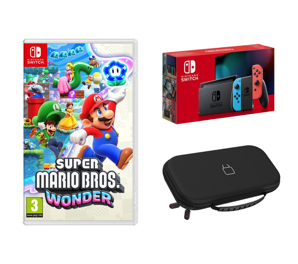 Switch (Neon Red & Blue), Super Mario Bros. Wonder & Nintendo Switch Case (Black) Bundle