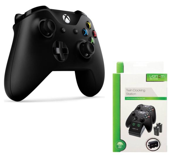 MICROSOFT Xbox One Wireless Gamepad & VS2851 Xbox One Twin Docking Station Bundle, Black