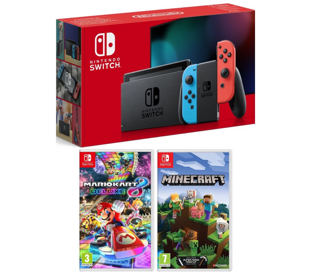 Switch Neon Red & Blue, Minecraft & Mario Kart 8 Deluxe Bundle