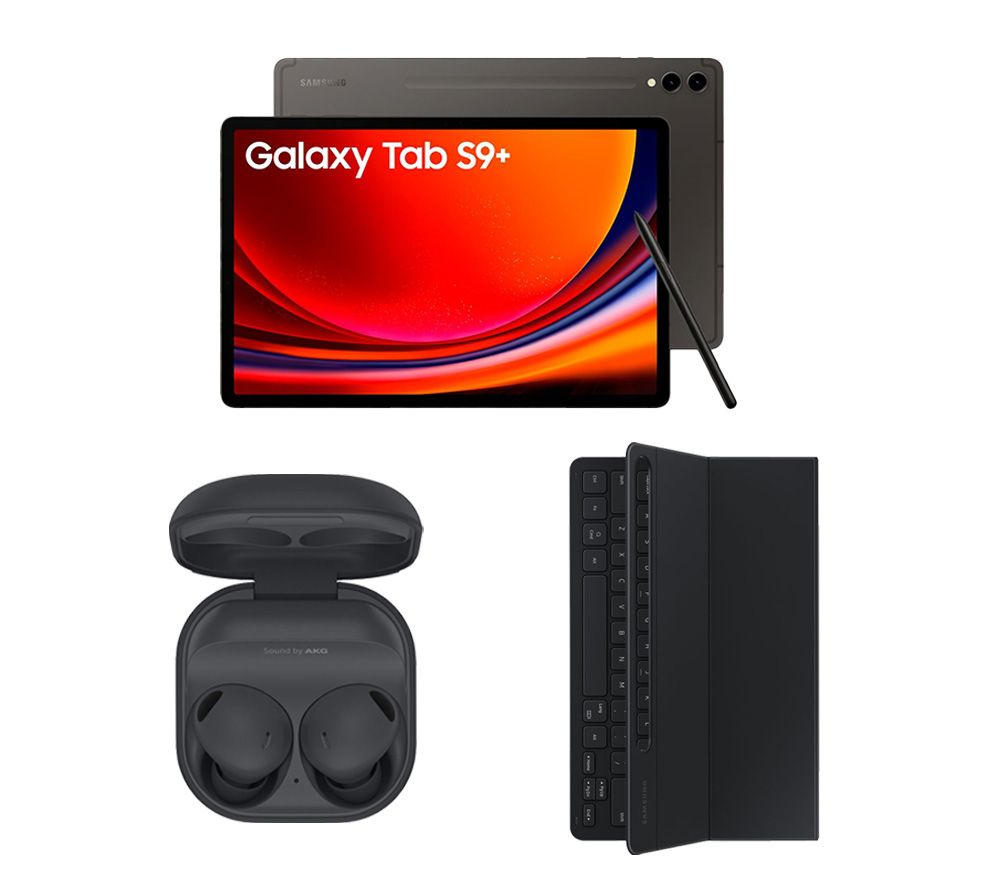 Galaxy Tab S9+ 12.4" Tablet (256 GB, Graphite), Tab S9+ Slim Book Cover Keyboard Case & Buds2 Pro Noise-Cancelling Earbuds Bundle