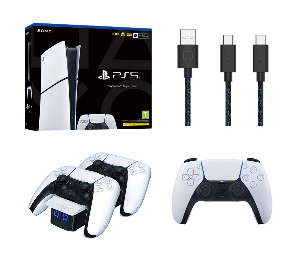 PlayStation 5 Digital Edition Model Group, VS5001 Twin Docking Station, DualSense Wireless Controller (White) & Charge Cable Bundle