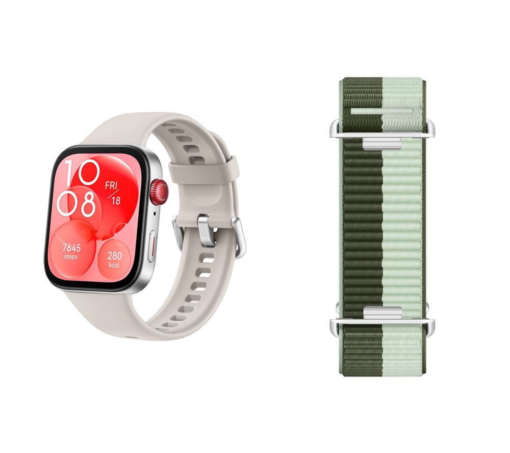 Watch Fit 3 (Silver) with White Fluoroelastomer Strap & Green Nylon Strap Bundle