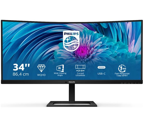 An image of PHILIPS 346E2CUAE/00 Wide Quad HD 34" Curved VA LCD Monitor - Black
