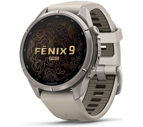 An image of GARMIN fenix 9 Pro Smart Watch - Titanium with Fog Grey & Dark Sandstone Silicone Band, 43 mm